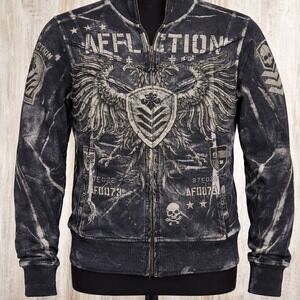 Affliction Live Fast Mens Full Zip Track Jacket Distressed Black Graphic‎ Large